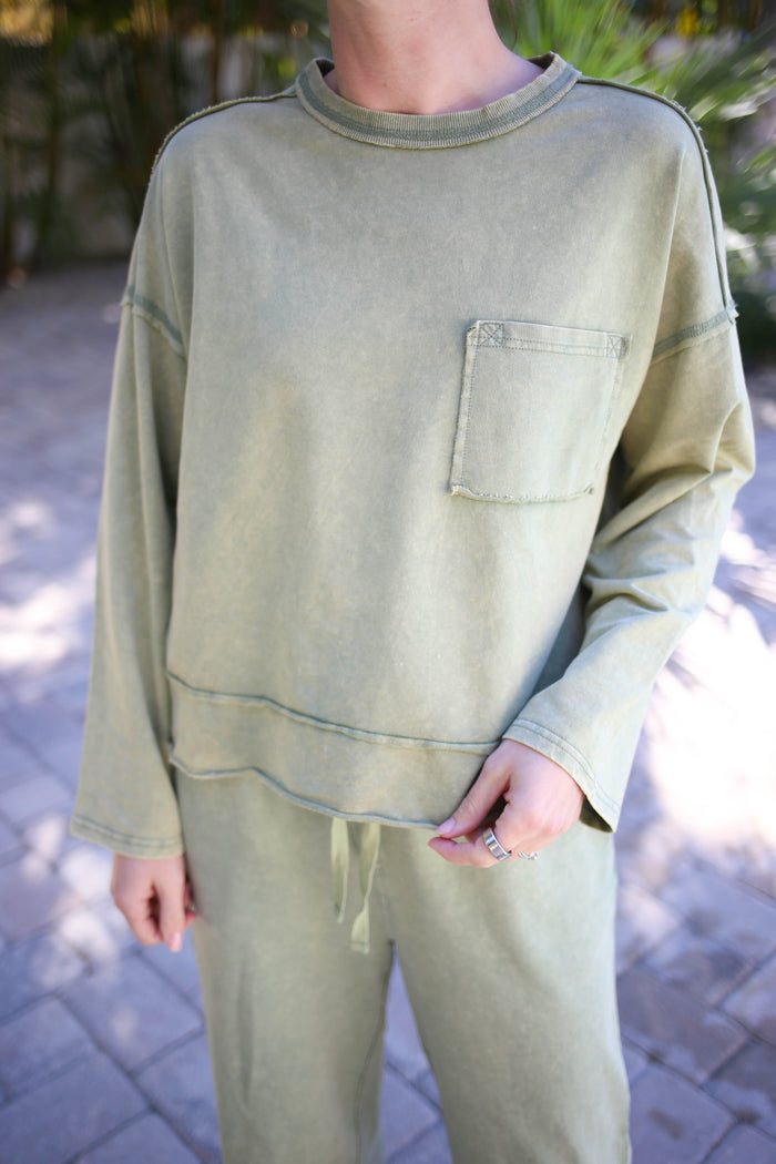 Green Mineral Wash Long Sleeve Top and Pants Set | Mandy Very J