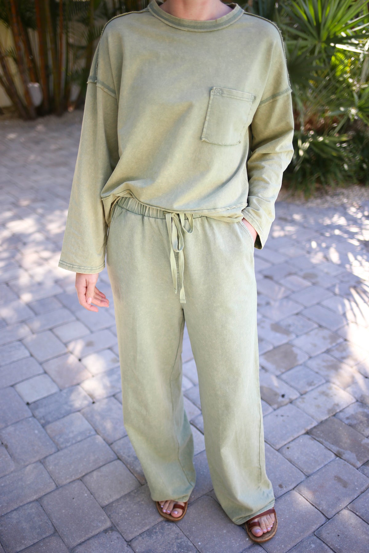green mineral wash top and pants set