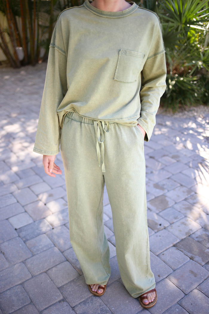 green mineral wash top and pants set
