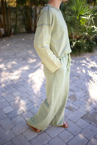Green Mineral Wash Long Sleeve Top and Pants Set | Mandy Very J
