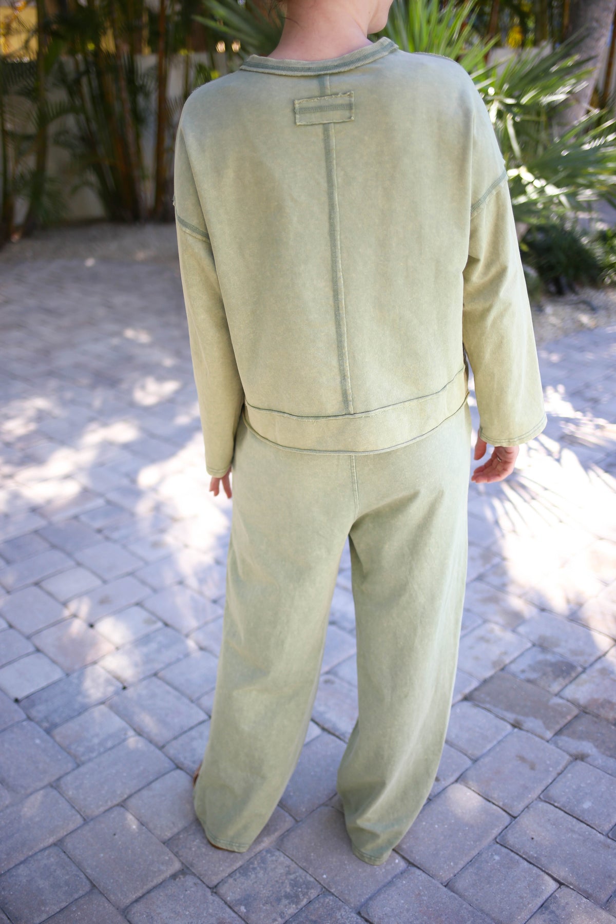 Green Mineral Wash Long Sleeve Top and Pants Set | Mandy Very J