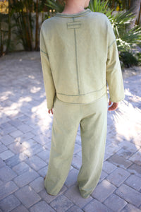 Green Mineral Wash Long Sleeve Top and Pants Set | Mandy Very J