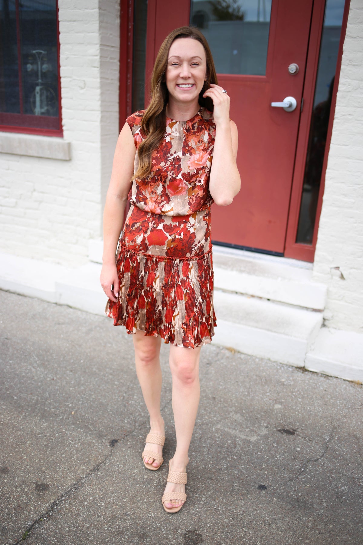 rust and taupe floral print dress
