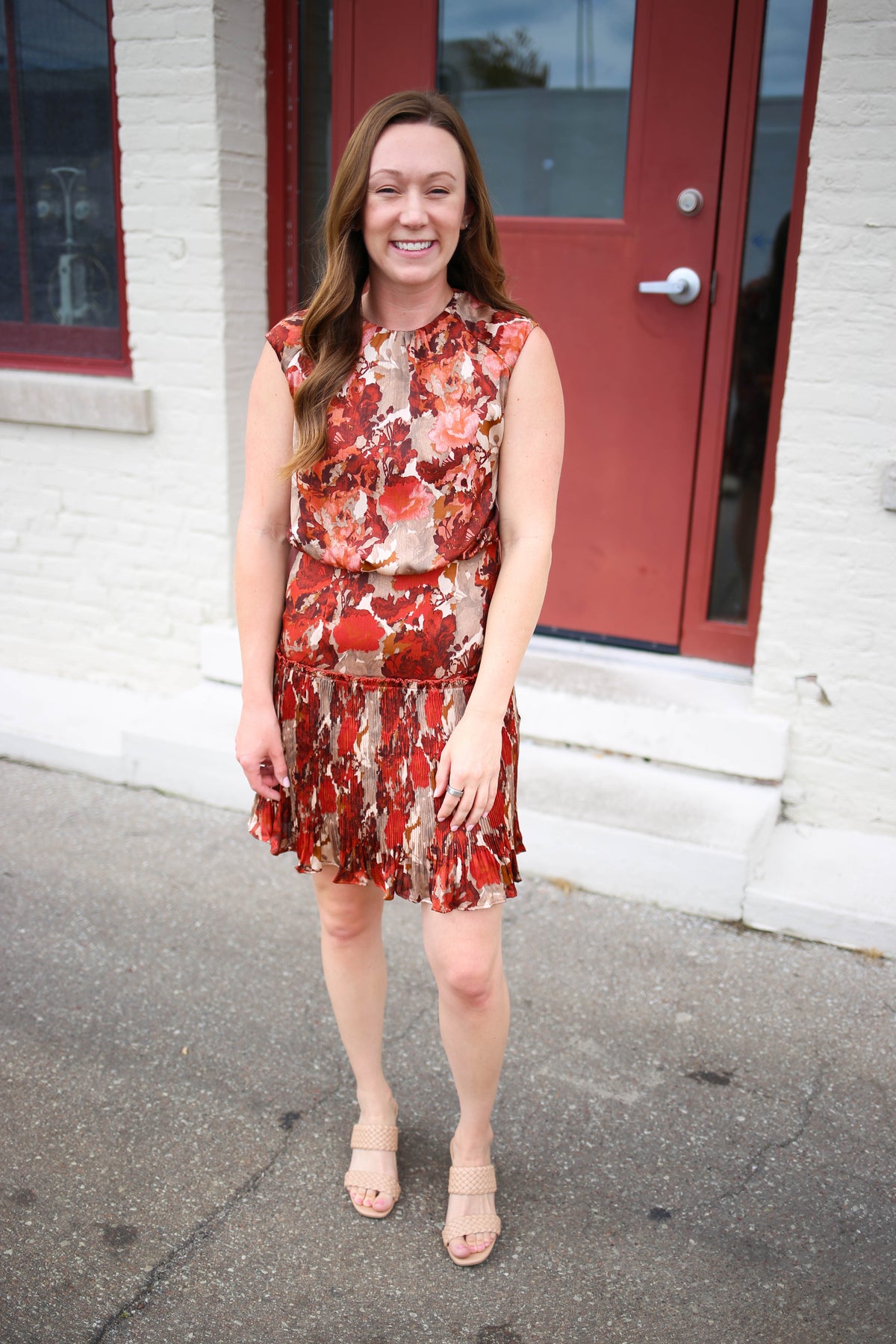 rust floral print and pleat detail dress