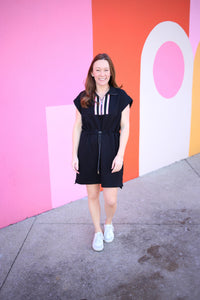 Black with pink and white stripe athleisure dress