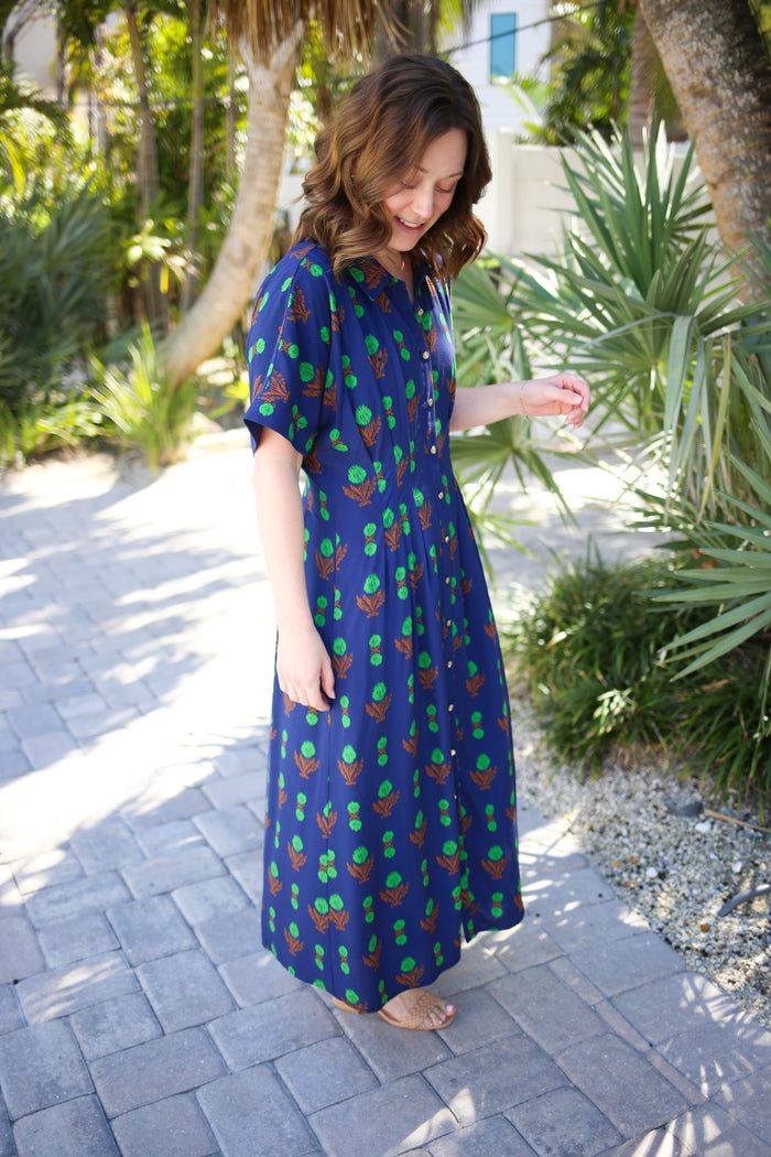 Navy and Green Pleat Waist Midi Dress | Nina Jodifl