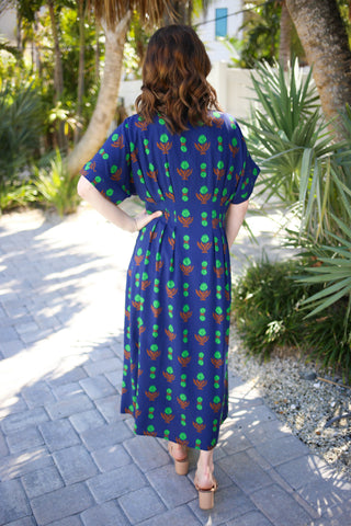Navy and Green Pleat Waist Midi Dress | Nina Jodifl