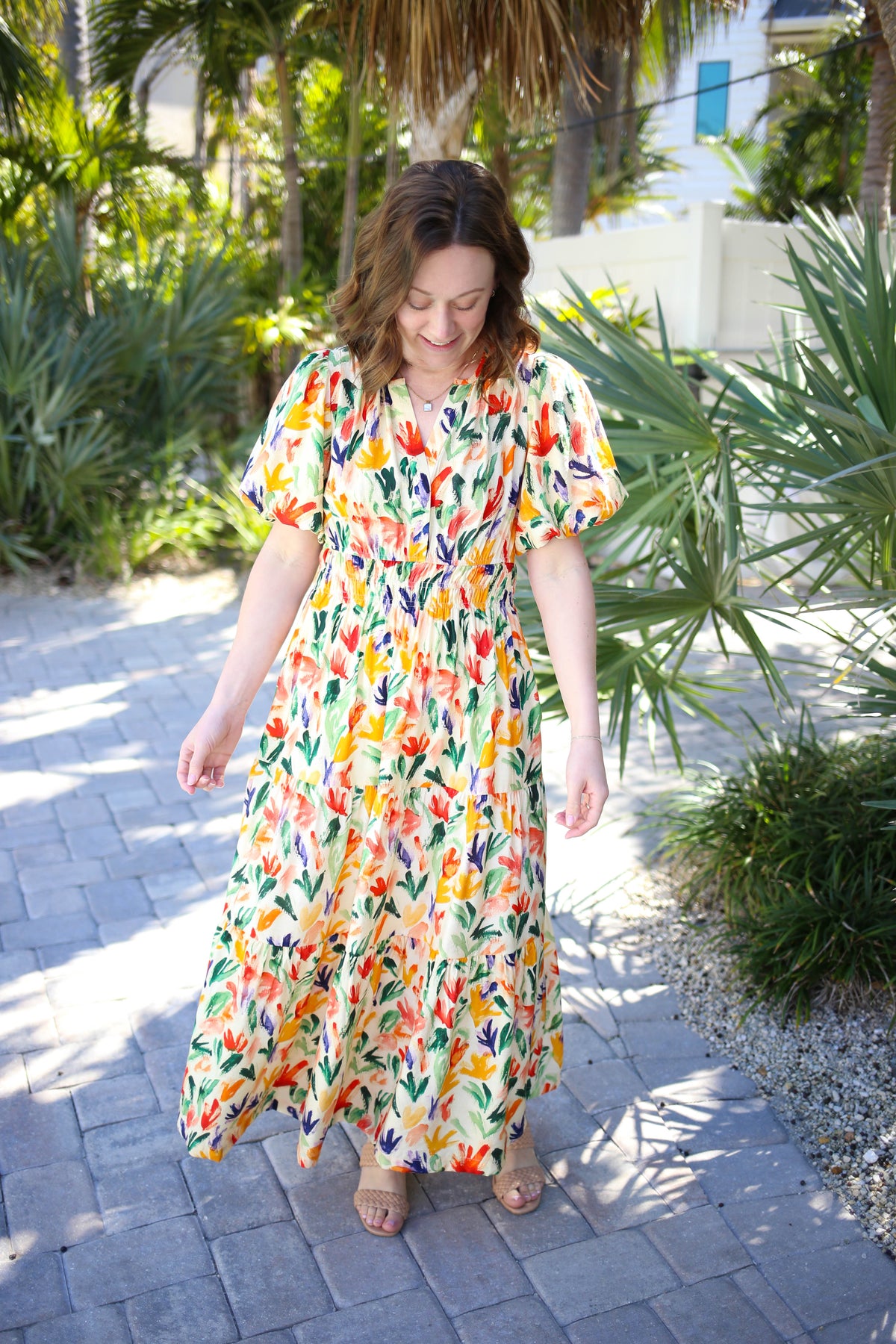 Vibrant Abstract Floral Tiered Midi Dress Jodifl