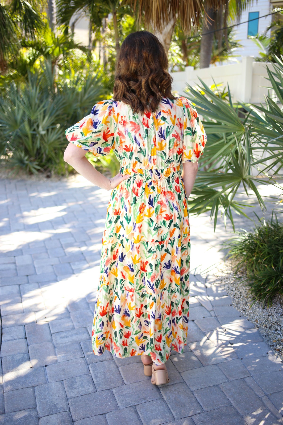 Vibrant Abstract Floral Tiered Midi Dress Jodifl