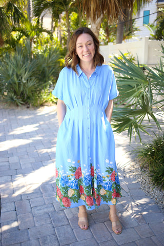 button down floral midi dress Sunlit Floral Beth Button Down Midi Dress COBALT-MULTI / S by Sugarlips
