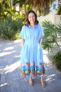 Light blue midi dress with pintuck waist and button-down front