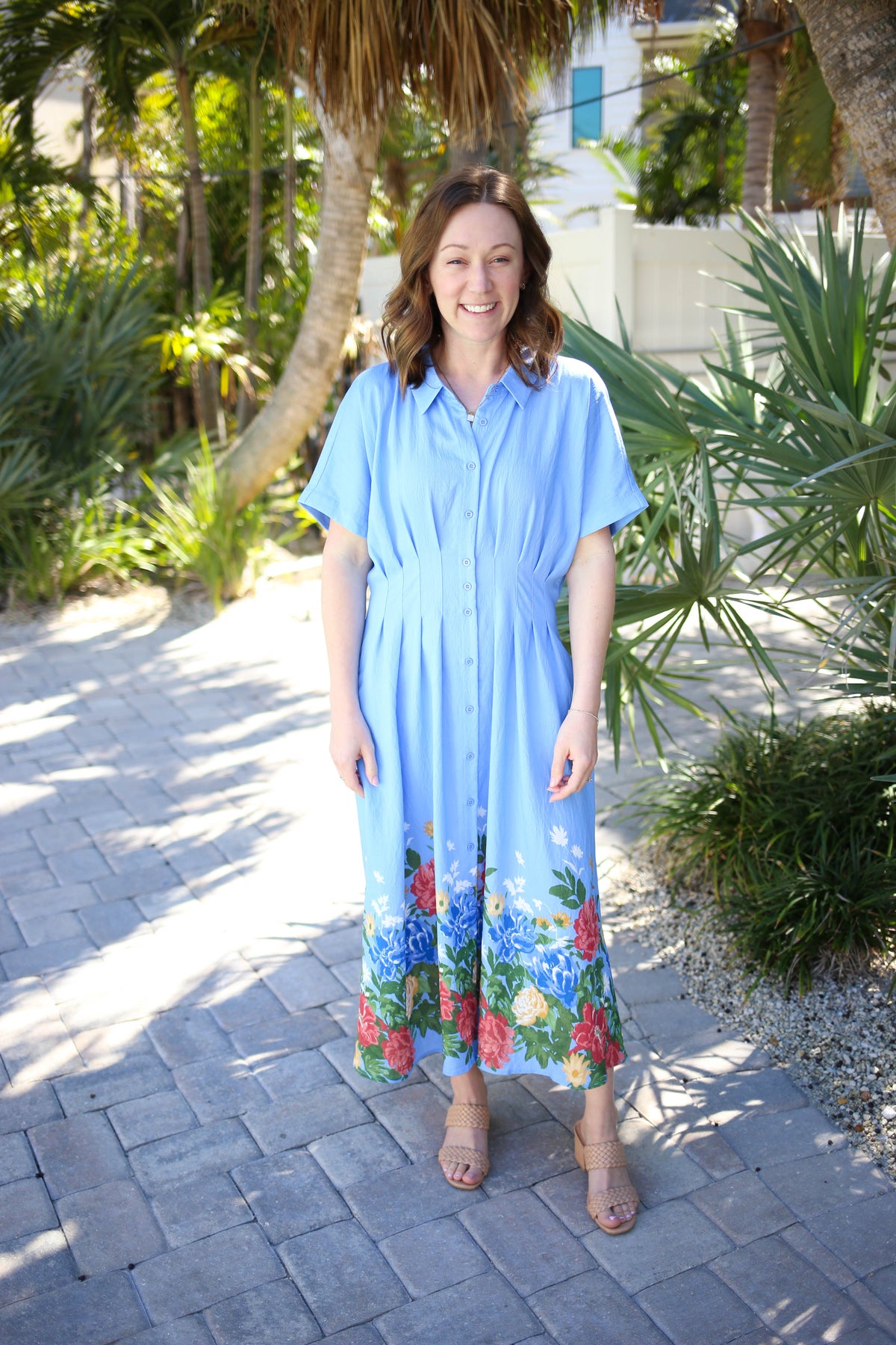 Floral Pintuck Waist Button-Down Midi Dress | Celeste Jodifl