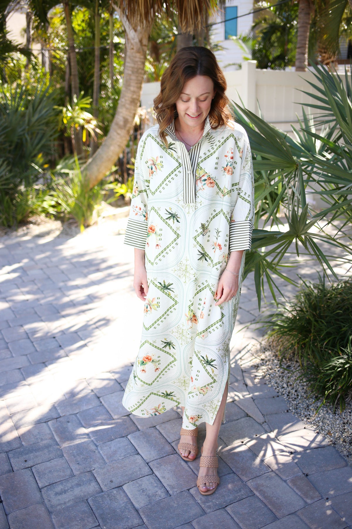 Cream and olive green floral print midi dress with contrasting stripe neckline