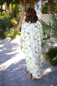 Olive and Cream Floral Stripe Caftan Midi Dress | Opal Entro