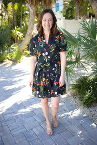 Midnight Meadow Black Floral Print Scallop Detail Dress | Melanie Jodifl