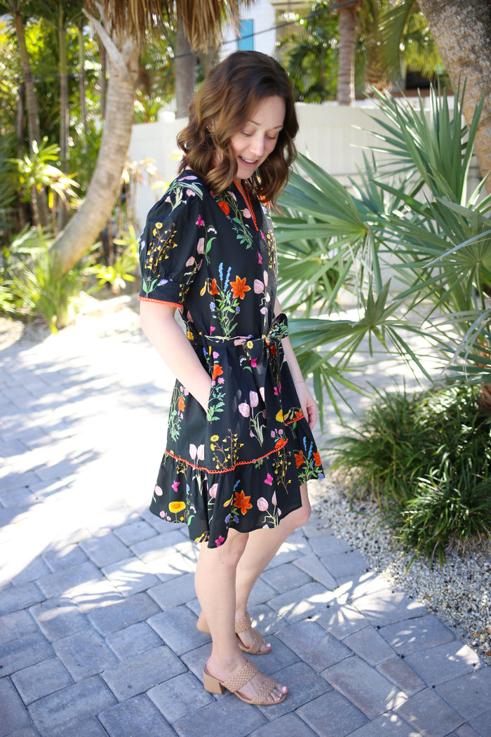 Midnight Meadow Black Floral Print Scallop Detail Dress | Melanie Jodifl