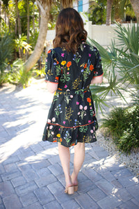 Midnight Meadow Black Floral Print Scallop Detail Dress | Melanie Jodifl
