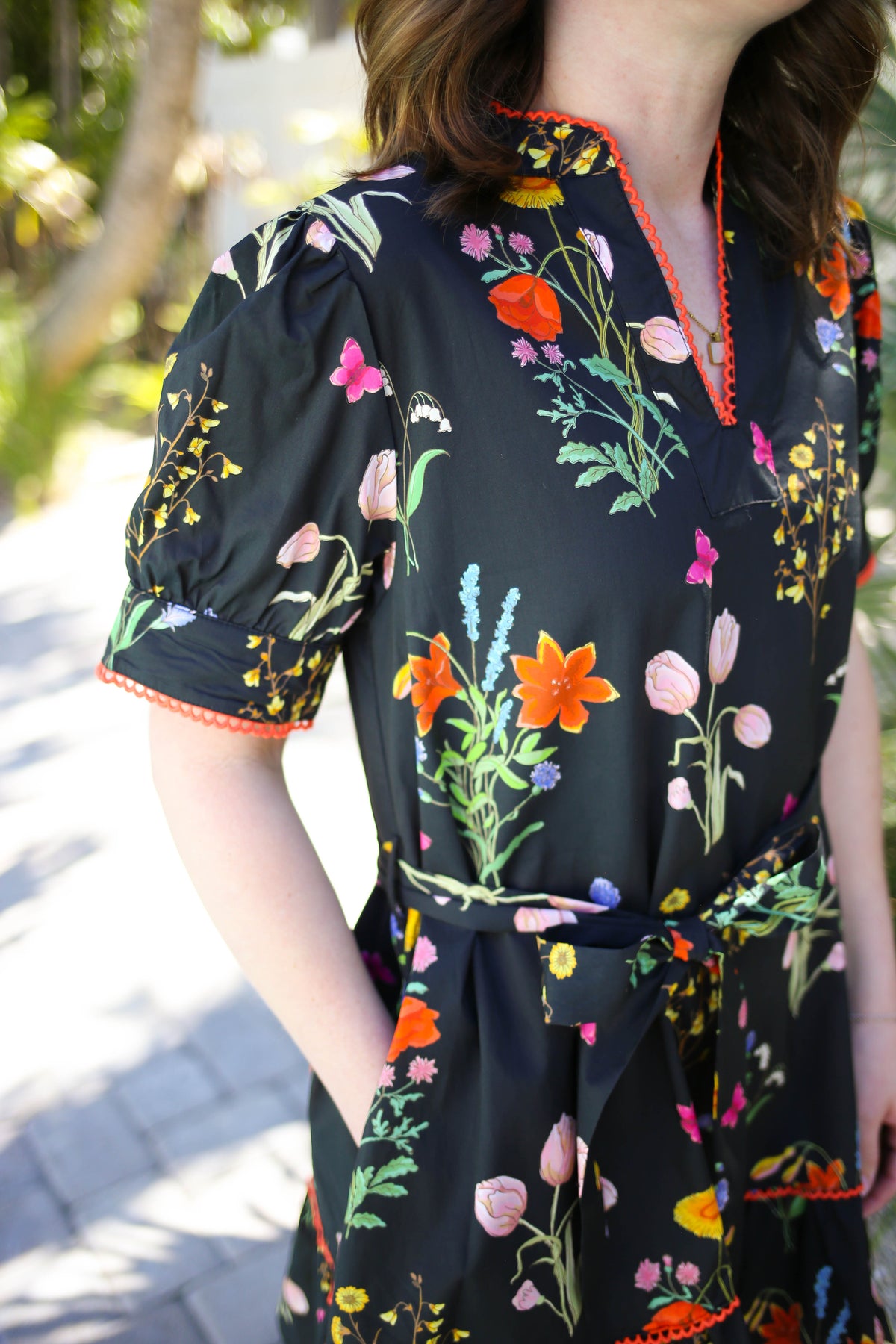 Midnight Meadow Black Floral Print Scallop Detail Dress | Melanie Jodifl