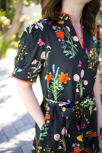 Midnight Meadow Black Floral Print Scallop Detail Dress | Melanie Jodifl