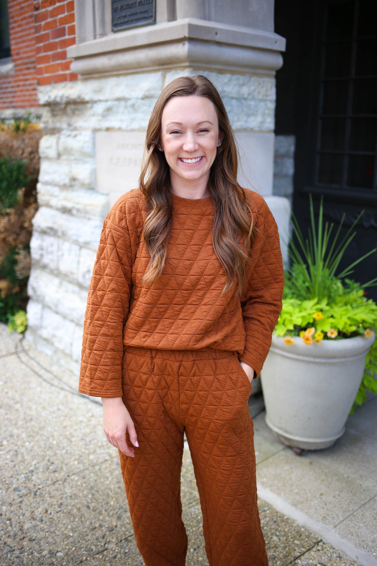 T3561 Rust Quilted Long Sleeve Top see and be seen