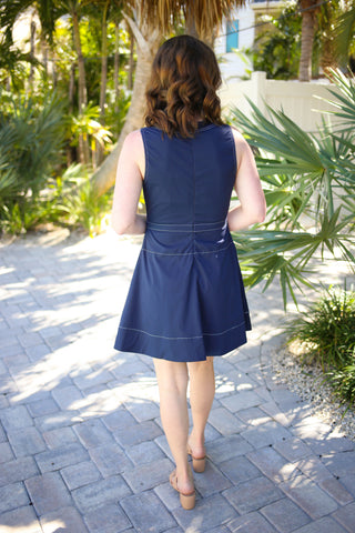 Navy Fit and Flare Dress White Stitch Detail | Nora
