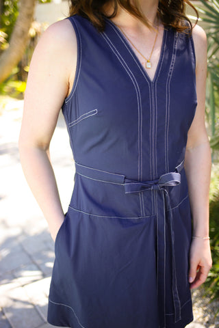 Navy with White Stitch Detail Fit and Flare Dress | Nora Entro
