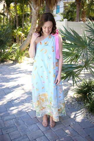 Light Blue and Pink One Shoulder Maxi Dress
