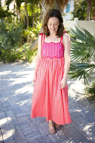 Red and Orange Stripe and Scallop Hem Dress | Angela Entro