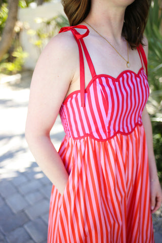 Red and Orange Stripe and Scallop Hem Dress | Angela Entro