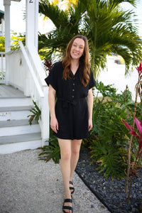 Black Button-Down Shorts Romper | Boutique Elise | Cassidy Jodifl