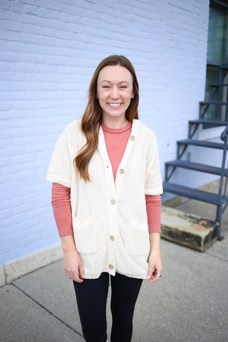 cream hooded button-down cardigan