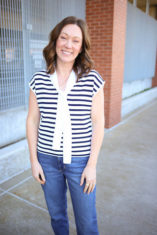 Navy and white stripe top with tie neckline