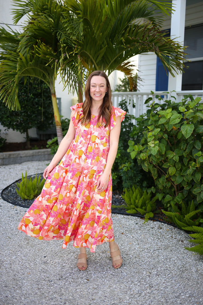 pink and orange floral print midi dress