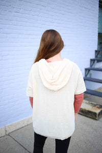 back of the cream hooded button-down cardigan