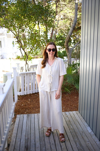 Oatmeal Linen Tie Front Top and Pant Set | Lori Jodifl