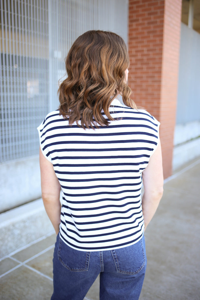 Navy and White Stripe Tie Neckline Top | Tilly Entro