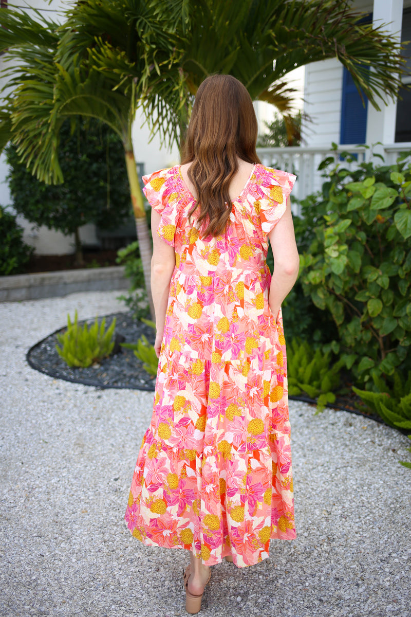 Pink and Orange Printed Midi Dress | Boutique Elise | Madison Entro