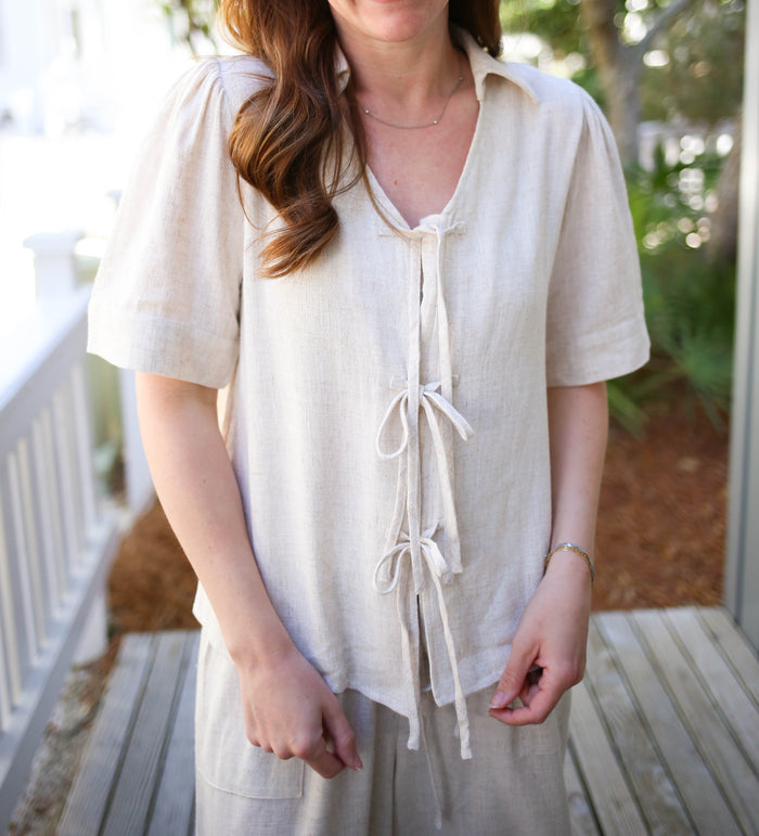 Oatmeal Linen Tie Front Top and Pant Set | Lori Jodifl