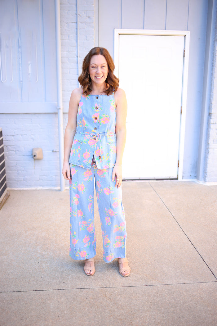 Light Denim and Pink Floral Print Peplum Tank Top | Dahlia Entro