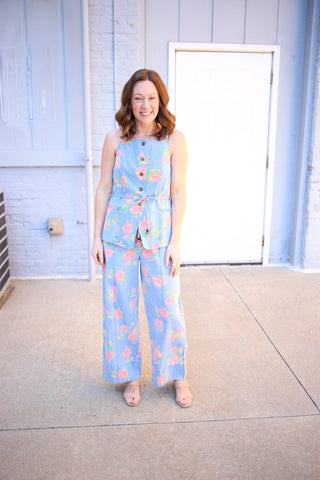 Light denim floral print peplum top and denim crop pants set