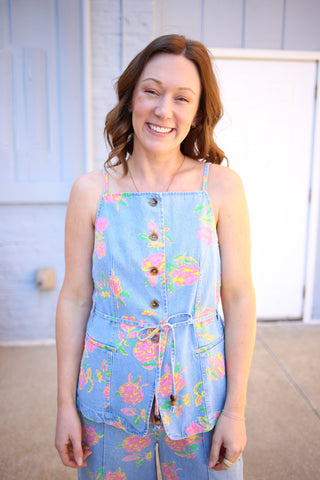 Light denim tank top with pink floral print