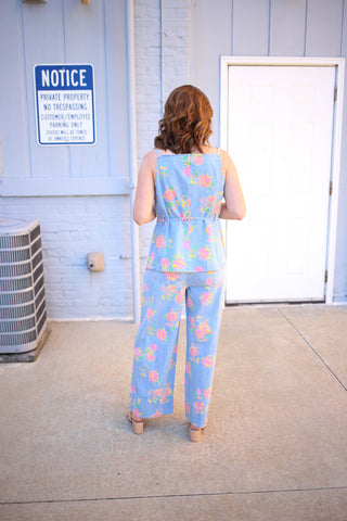 Light Denim and Pink Floral Print Peplum Tank Top | Dahlia Entro
