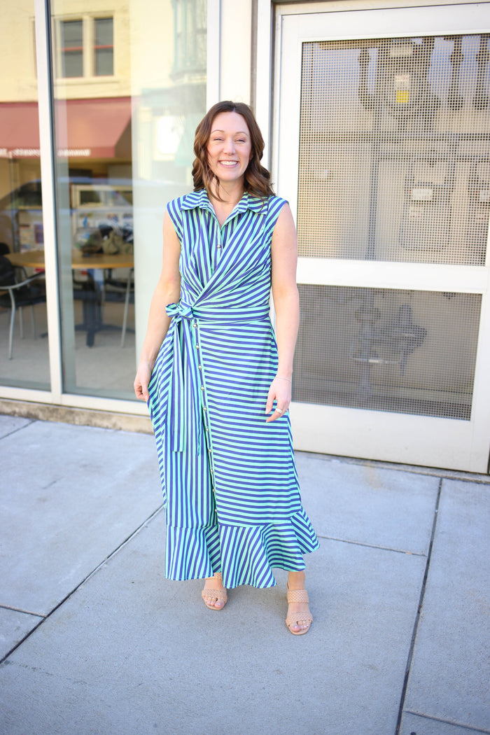 Emerald and  Navy Stripe Collared Wrap Maxi Dress | Gia Entro