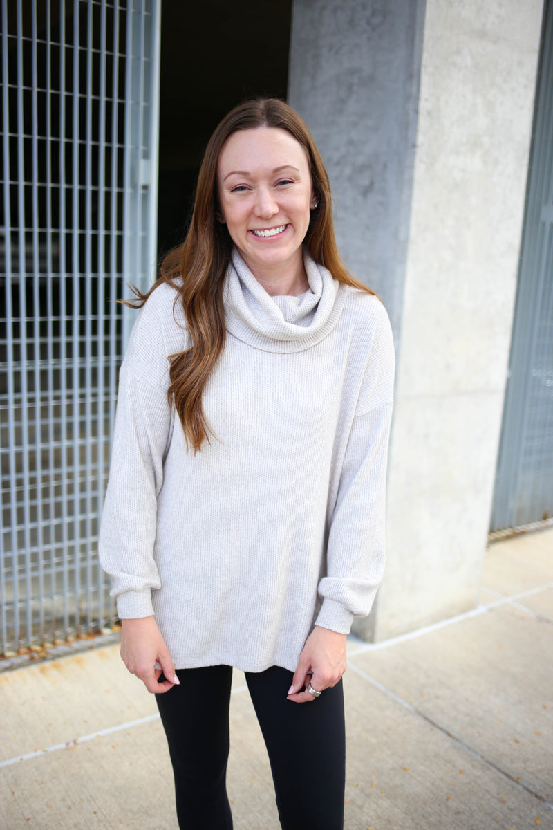 oatmeal waffle knit cowl neck top