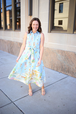 Whimsical Cotton Novelty Print Sleeveless Midi Dress | Seaside Serenade Entro