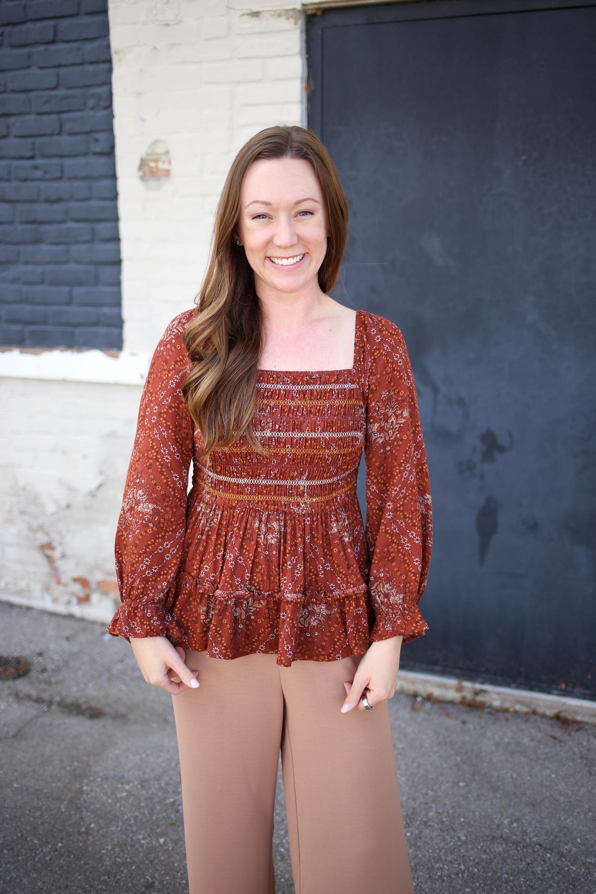 hem & thread rust floral print smocked top