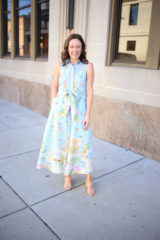 light blue summer print sleeveless dress with tie waist midi dress