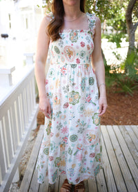 Off White Colorful Print Smocked Detail Maxi Dress