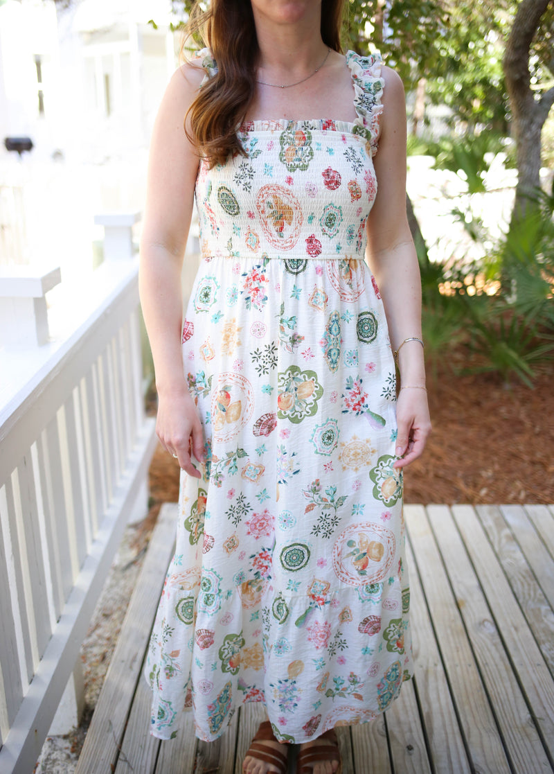 Off White Colorful Print Smocked Detail Maxi Dress