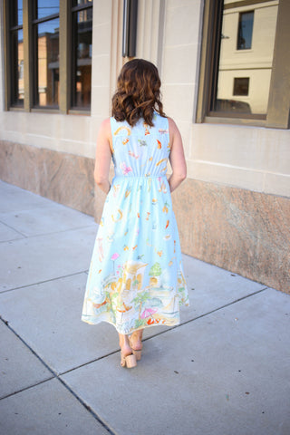 Whimsical Cotton Novelty Print Sleeveless Midi Dress | Seaside Serenade Entro